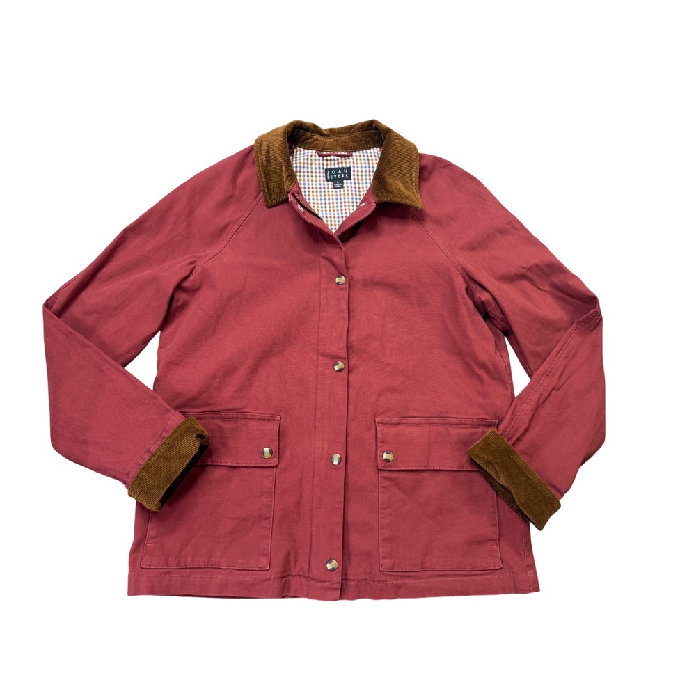 Joan Rivers Barn Jacket Womens Small Red Excellent Corduroy Trim Plaid Lined